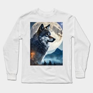 Lunar Symphony: Wolf Double Exposure with Majestic Mountain Silhouette Long Sleeve T-Shirt